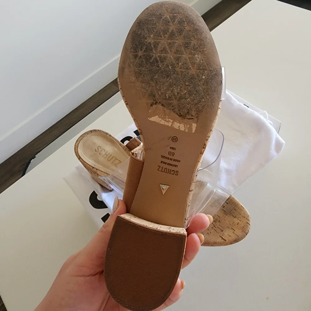 SCHUTZ Victorie Clear Strap Tan Block Heel Mules - Picture 6 of 13